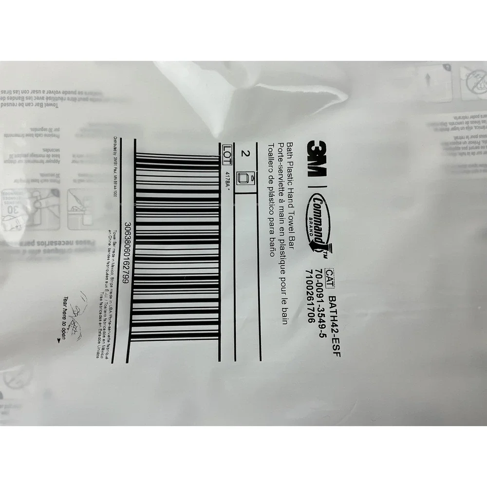 3M Command Bath Hand Towel Bar Damage-Free Hanging Holds 3 lb‎ Capacity QTY 1